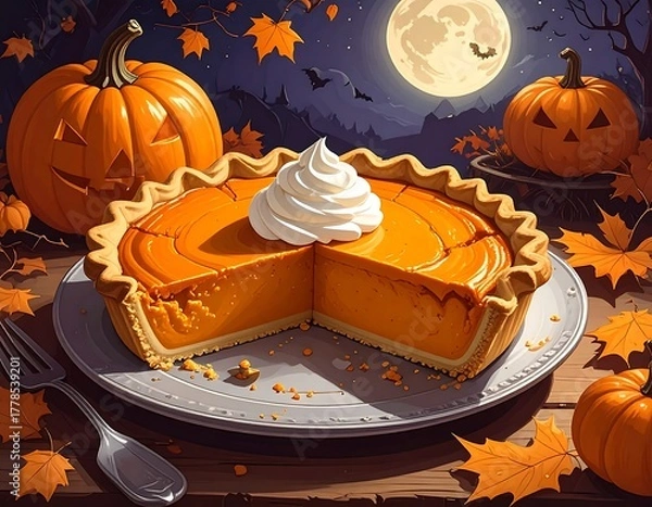 Fototapeta A tasty pumpkin pie served for Halloween on a wooden table
