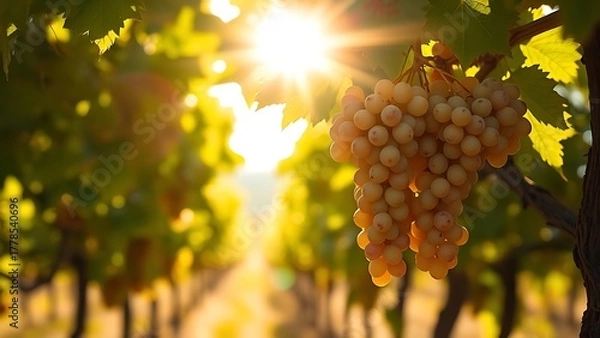 Fototapeta torrontes. Sunlight through vine leaves highlighting ripe Torrontes grapes in an Argentinian vineyard. bar promotions, beverage menus, designed for food & beverage menus and cafe branding.