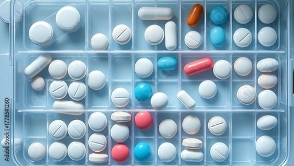 Fototapeta dimer. Pill organizer with tablets in sequence, clinical top view, geometric arrangement. STEM education sheets, lab safety posters, designed for biotech research communications.
