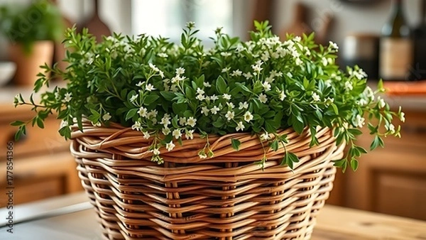 Fototapeta woodruff. Woven wooden basket filled with freshly picked woodruff herbs in a rustic kitchen. menu design, packaging mockups, designed for culinary blogs and recipe cards for restaurants.