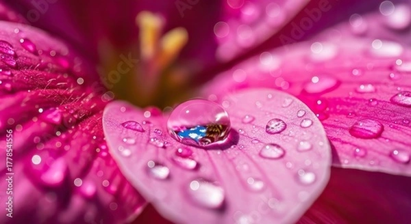 Fototapeta Close-up of vibrant pink flower petals adorned with water droplets.