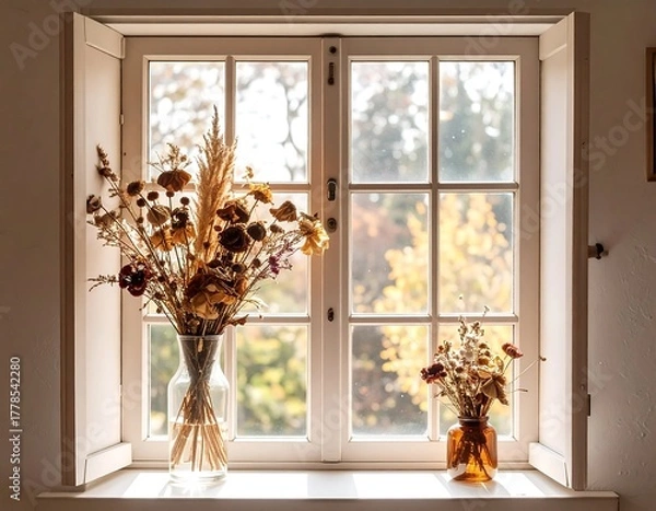 Fototapeta Window sill with dried flowers