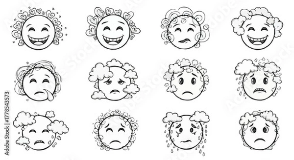 Fototapeta Cartoon Emoji Faces with Hearts and Clouds – Expressive Emotion Icon Set