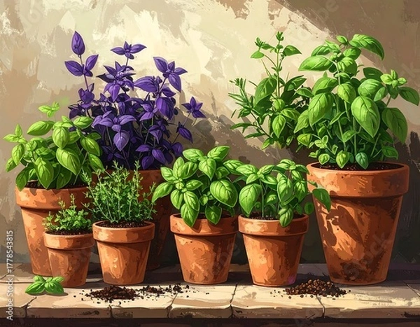 Fototapeta A vibrant artistic depiction of various potted herbs