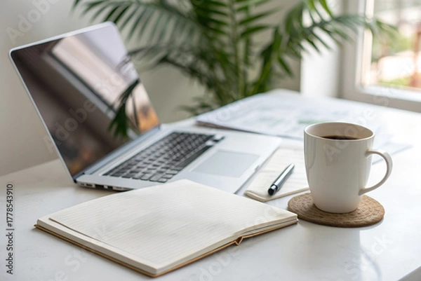 Fototapeta Bright minimalist workspace with coffee and open notebook. Symbol of planning, creativity, productivity, startup mindset and calm morning focus.