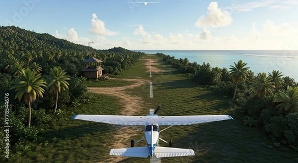 Obraz Small Propeller Plane on a Remote Tropical Island Airstrip by the Ocean.