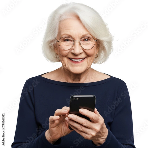 Fototapeta Smiling elderly woman holding a smartphone isolated on transparent background