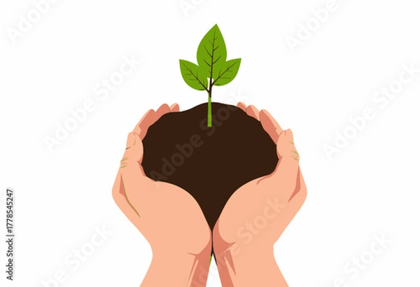 Fototapeta Illustration of Two Hands Gently Cradling a Young Green Seedling in Rich Soil Symbolizing Growth, Nurture, and the Promise of a Sustainable Future