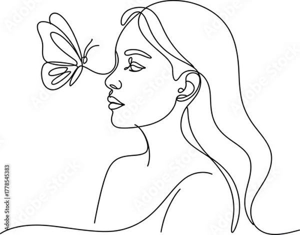 Obraz Continuous Line Art of a Woman and Butterfly single line drawing