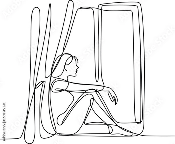 Obraz Continuous Line Drawing of a Woman Sitting by a Window