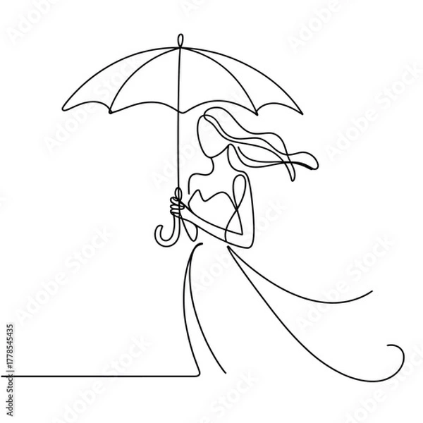 Obraz Continuous Line Drawing Of Woman With Umbrella In Wind