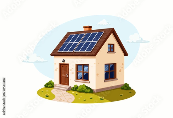 Fototapeta Charming Eco-Friendly House with Solar Panels Embraces Sustainable Living Surrounded by Lush Greenery under a Bright, Clear Sky