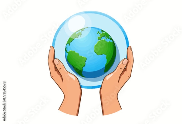 Fototapeta Illustration of Two Hands Gently Cradling the Earth Symbolizing Care, Protection, and Responsibility Towards the Environment and Global Well-being