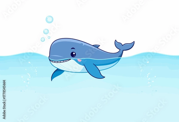 Fototapeta Adorable Cartoon Whale Joyfully Swimming with a Bright Smile in Clear Blue Ocean Water Surrounded by Bubbles and Gentle Waves