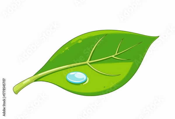 Fototapeta Illustration of a vibrant green leaf featuring a glistening water droplet, showcasing intricate texture and natural symmetry on a simple white background