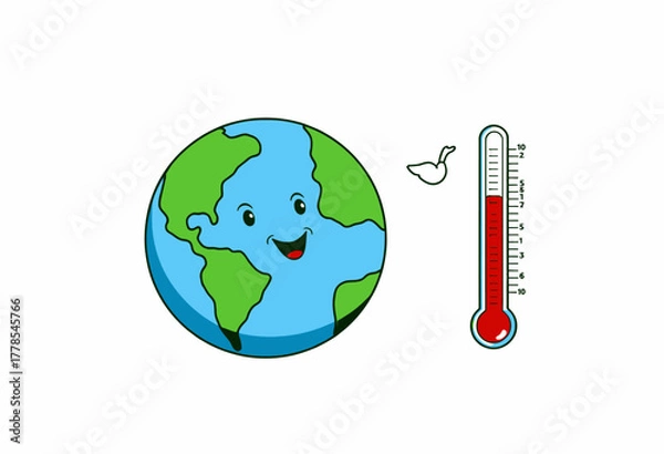 Fototapeta Illustration of Happy Planet Earth and Rising Thermometer Indicating Global Warming and Environmental Changes with Cartoon Elements