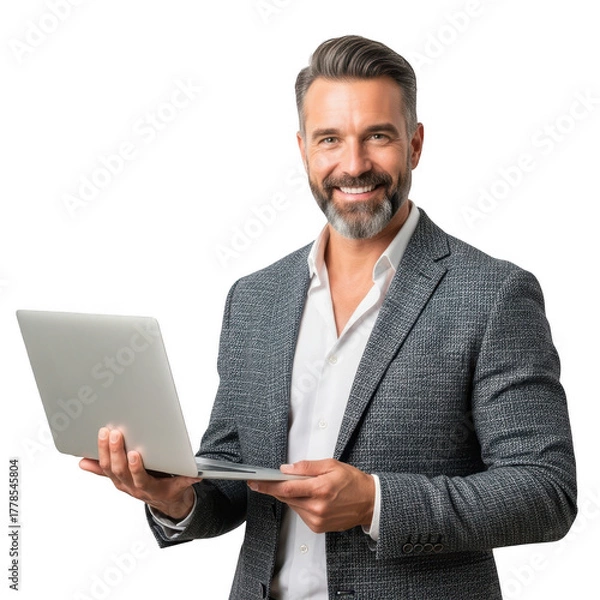 Fototapeta Smiling businessman holding a laptop isolated on transparent background