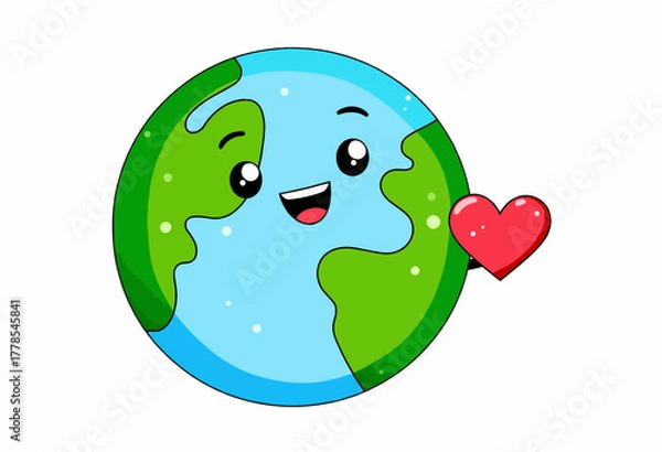 Fototapeta Smiling Earth with Heart Symbolizing Love for the Planet and Environmental Awareness through a Playful and Cute Illustration
