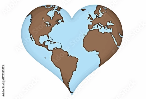 Fototapeta Heart-Shaped World Map Illustrating Global Connection and Environmental Awareness with Continents on a Blue Background