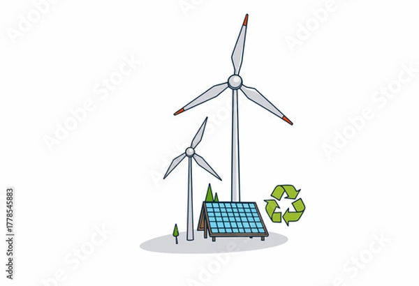 Fototapeta Illustration of Wind Turbines and Solar Panel Representing Sustainable Energy and Environmental Conservation Efforts with Recycling Icon