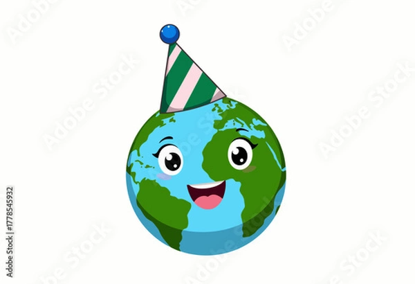 Fototapeta Cheerful and Cartoonish Earth Wearing a Festive Party Hat with a Smile Expressing Celebration and Happiness on a White Background