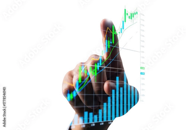 Fototapeta Human hand with financial data overlay isolated on transparent background