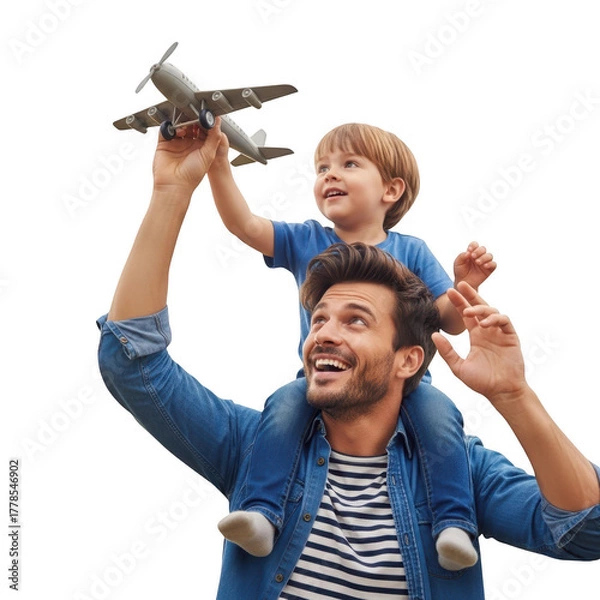 Fototapeta Father and son playing with toy airplane isolated on transparent background