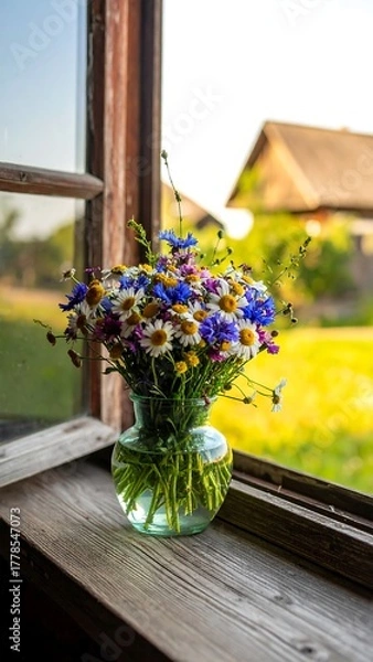 Fototapeta A vibrant bouquet of wildflowers rests on a rustic windowsill