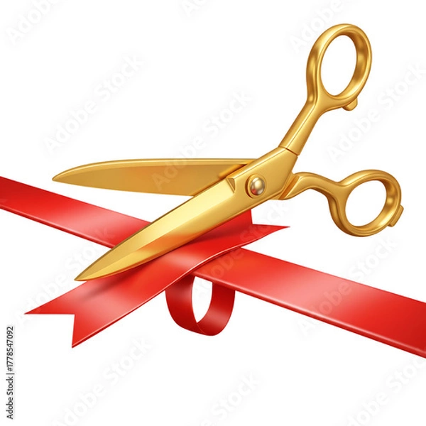 Fototapeta Golden scissors cutting red ribbon symbolizing grand opening and celebration
