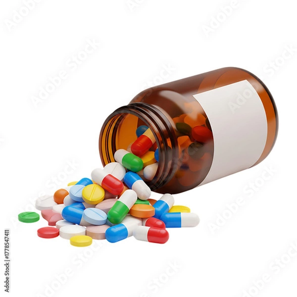 Fototapeta Spilled bottle of colorful pills and capsules on black background