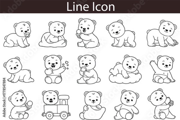 Obraz Cute baby bear line art icons in various poses vector