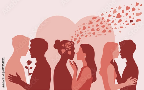 Obraz Diverse couples in silhouette with hearts and rose