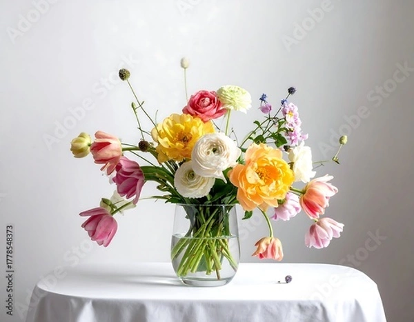Fototapeta A vibrant, colorful floral arrangement in a clear vase