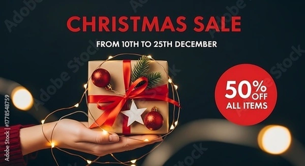 Obraz Christmas sale now on with up to 50% off all items, with a beautifully wrapped present surrounded by festive lights and ornaments, shop now for amazing deals