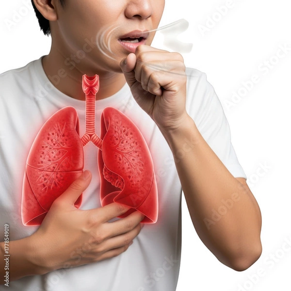 Fototapeta Man coughing with glowing red lungs isolated on transparent background