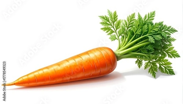 Fototapeta A vibrant, detailed carrot with green leafy top on a white backdrop