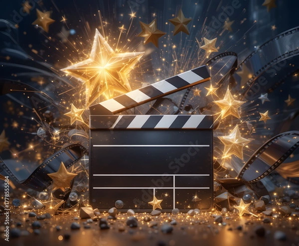Obraz Film clapperboard surrounded by golden stars and cinematic light, symbolizing filmmaking and creativity.