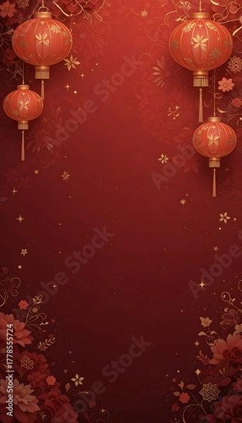 Obraz Red festive background with hanging Chinese lanterns and floral decorations, symbol of celebration and luck.
