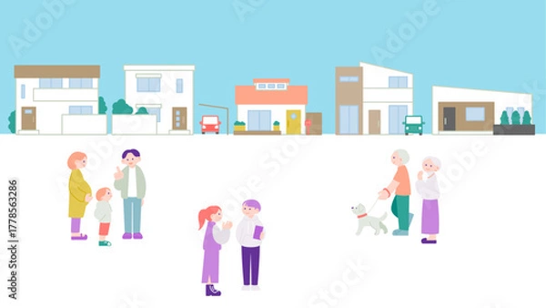 Obraz 青空の下の住宅街と穏やかな人々の暮らしのイメージイラスト