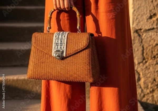 Fototapeta A woman in an orange dress holds a woven straw handbag with bamboo handles, showcasing a stylish summer accessory