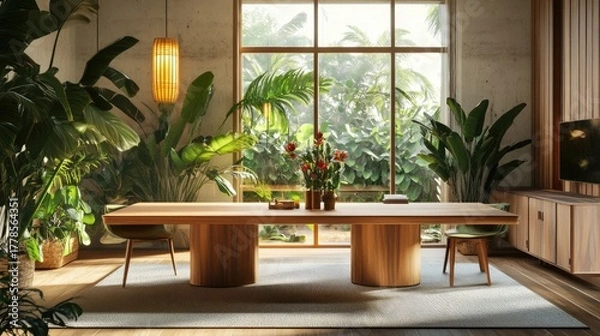 Fototapeta Luxurious Dining Room with Abundant Natural Light and Lush Greenery.