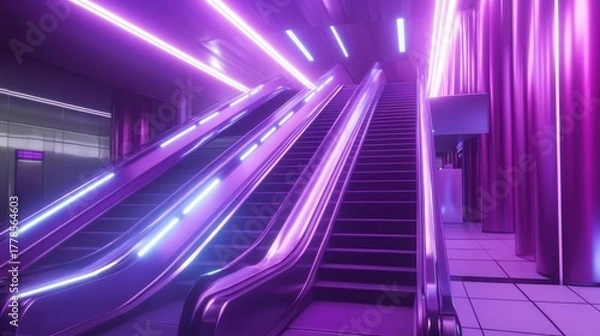 Fototapeta Modern Escalators with Vibrant Purple and Blue Neon Lights in a Futuristic Setting.