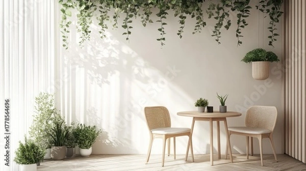 Fototapeta Modern Minimalist Interior with Lush Greenery and Natural Light.