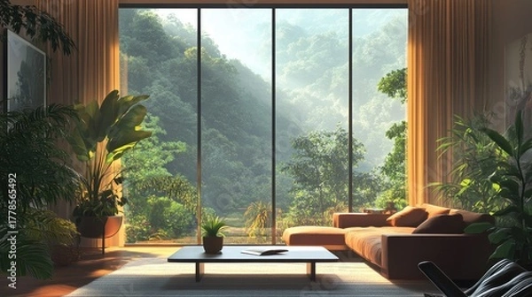 Fototapeta Serene Living Room with Mountain View and Lush Greenery.