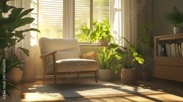 Fototapeta Sunlit Reading Nook with Plants and Comfortable Armchair.