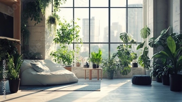 Fototapeta Sunlit Urban Oasis - Modern Apartment with Lush Greenery.