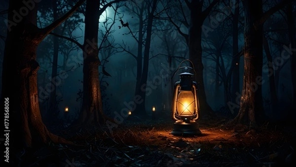 Obraz glowing lantern lighting a misty forest path at night
