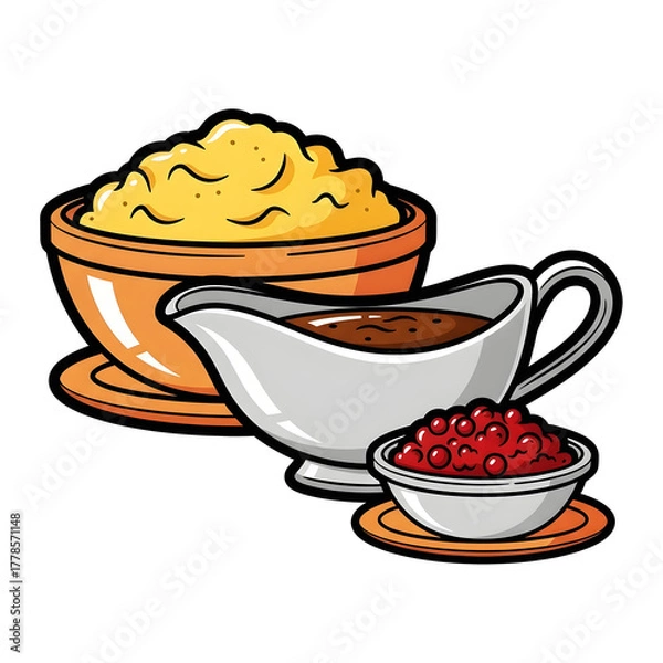 Fototapeta Thanksgiving Side Dishes: Mashed Potatoes, Gravy, Cranberry Sauce – Transparent PNG for Holiday Menus and Graphics