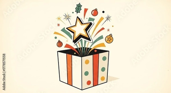 Fototapeta Festive Gift Box with Exploding Star and Confetti Illustration.
