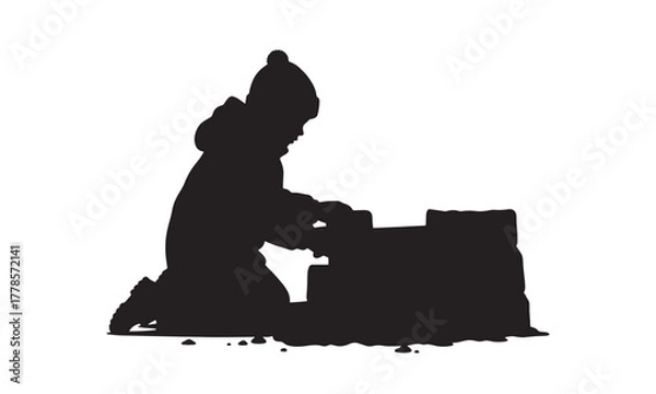Fototapeta Child Building Snow Fort Winter Playtime Silhouette